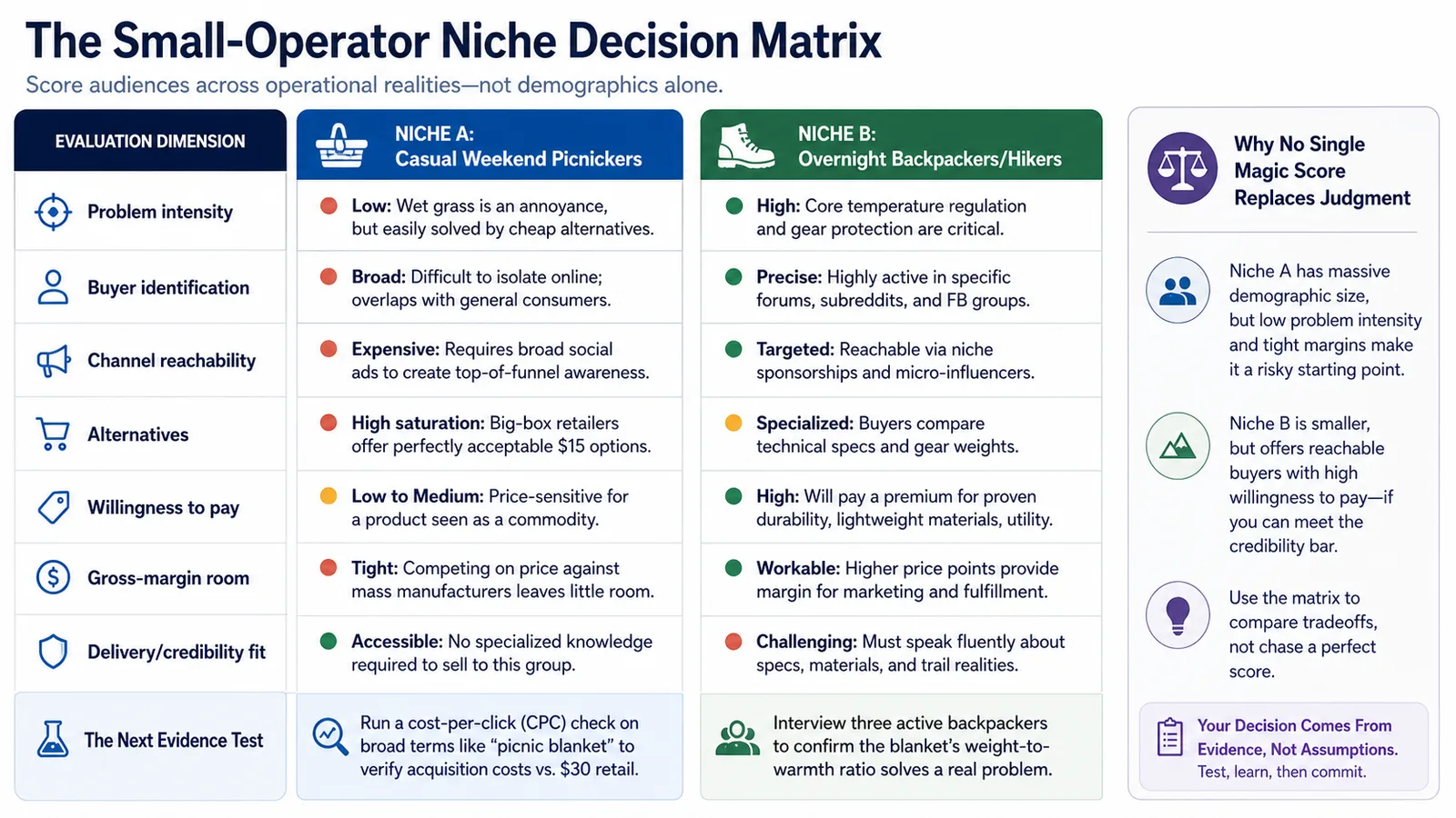 Ecommerce niche decision matrix comparing reachable target audiences