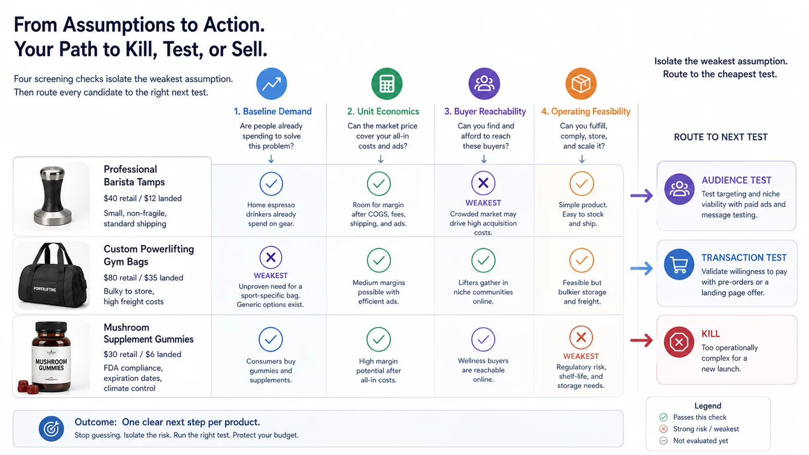 Product, audience, and market screening matrix for ecommerce ideas