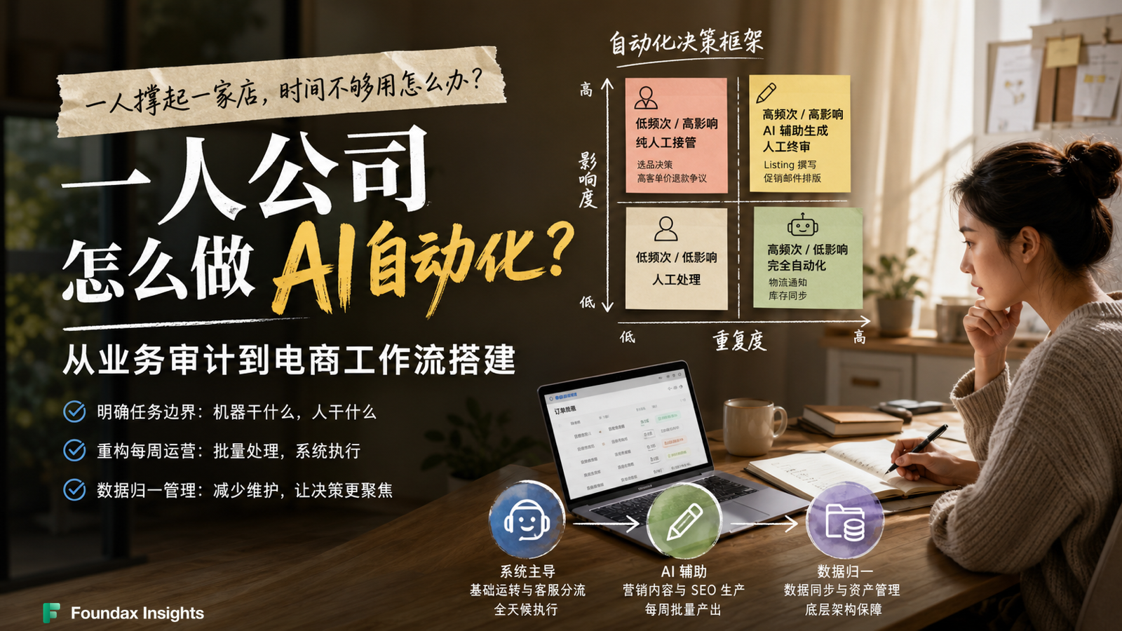 一人公司怎么做 AI 自动化？从业务审计到电商工作流搭建