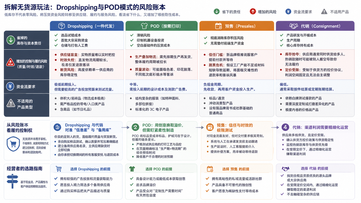 拆解无货源玩法:Dropshipping与POD模式的风险账本的核心决策框架图