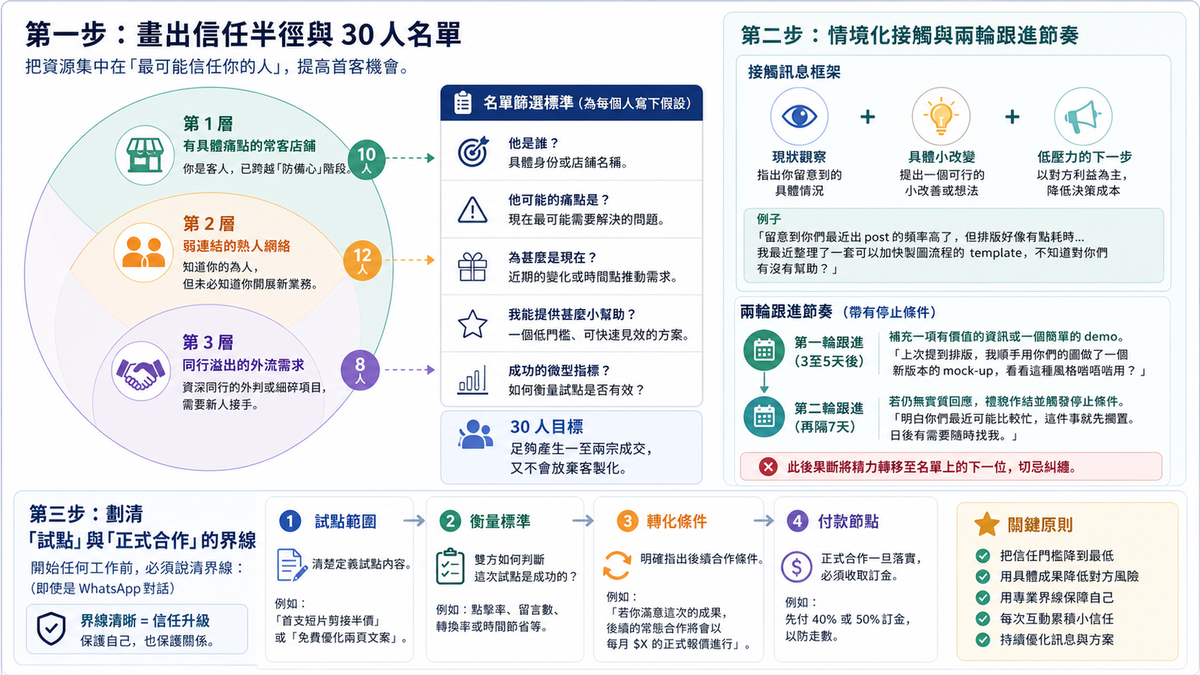 零人脈起步：接Freelance找尋首批客源的實用路徑的核心決策框架圖