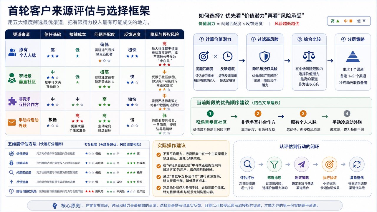 零起步获客指南：在缺少过往背书时促成首次合作的核心决策框架图