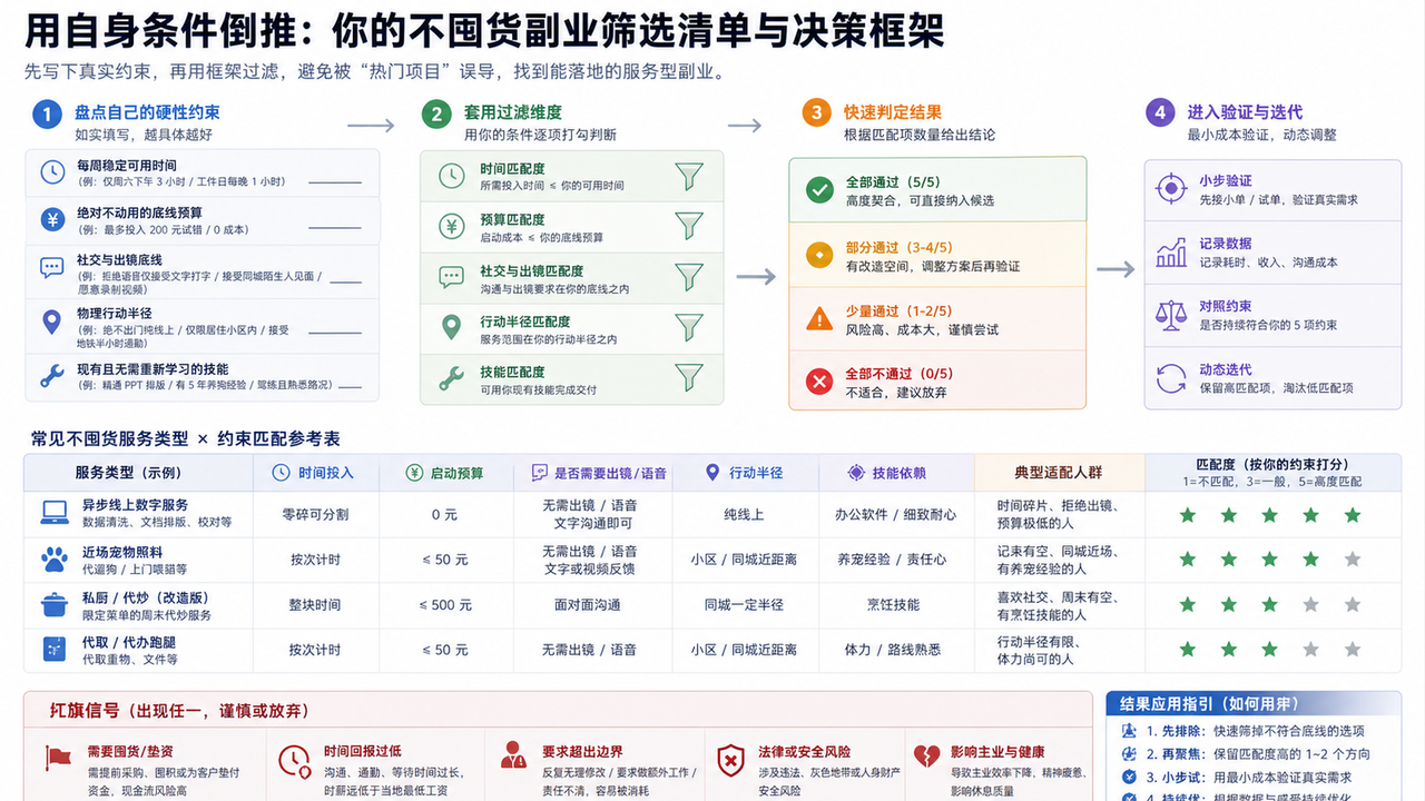 拒绝无效焦虑：用自身条件倒推不囤货的现实副业项目的核心决策框架图