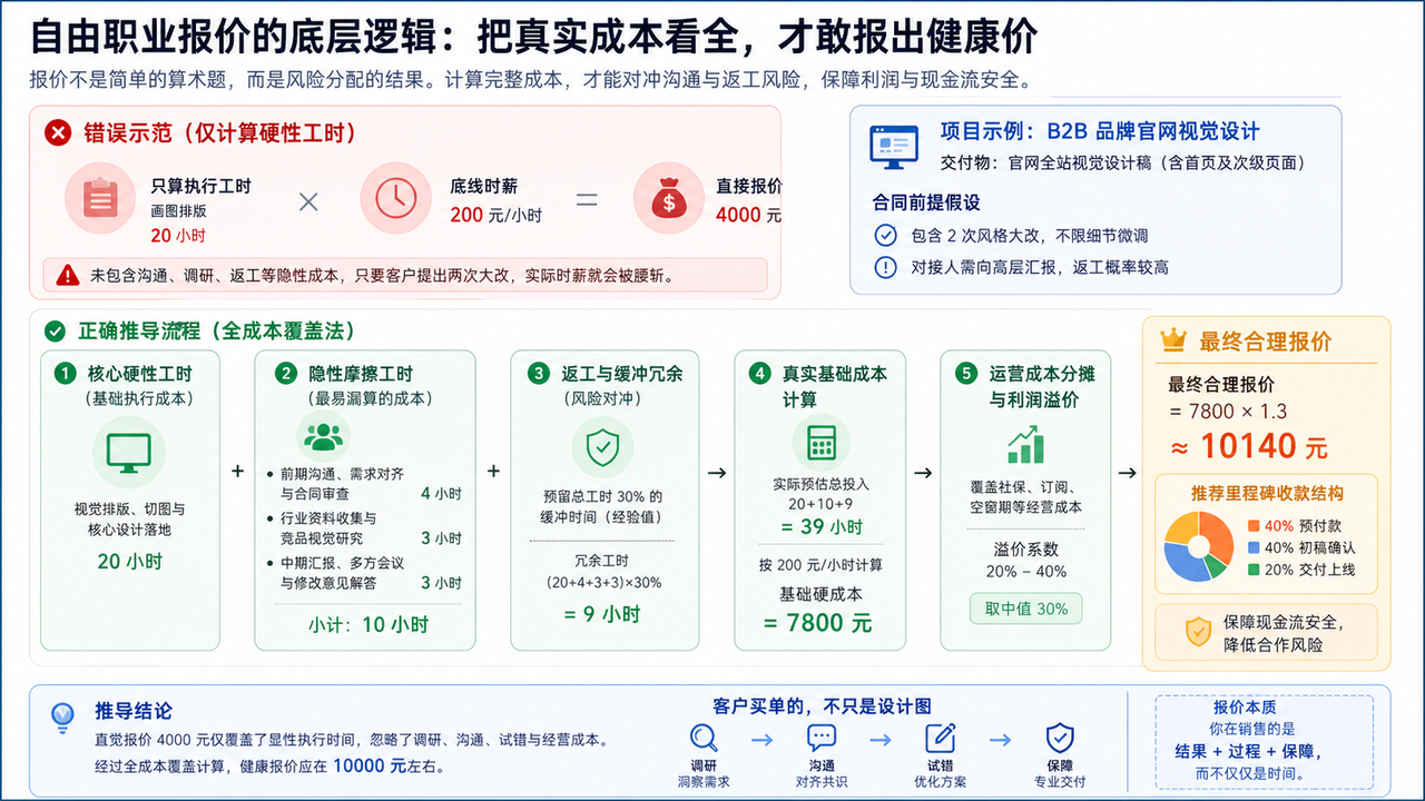 自由职业怎么报价：按项目、工时还是价值收费？的核心决策框架图