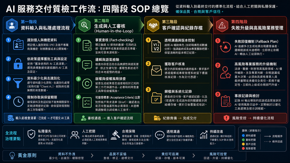 AI 服務交付與質檢：制定人工把關與私隱保護流程的核心決策框架圖